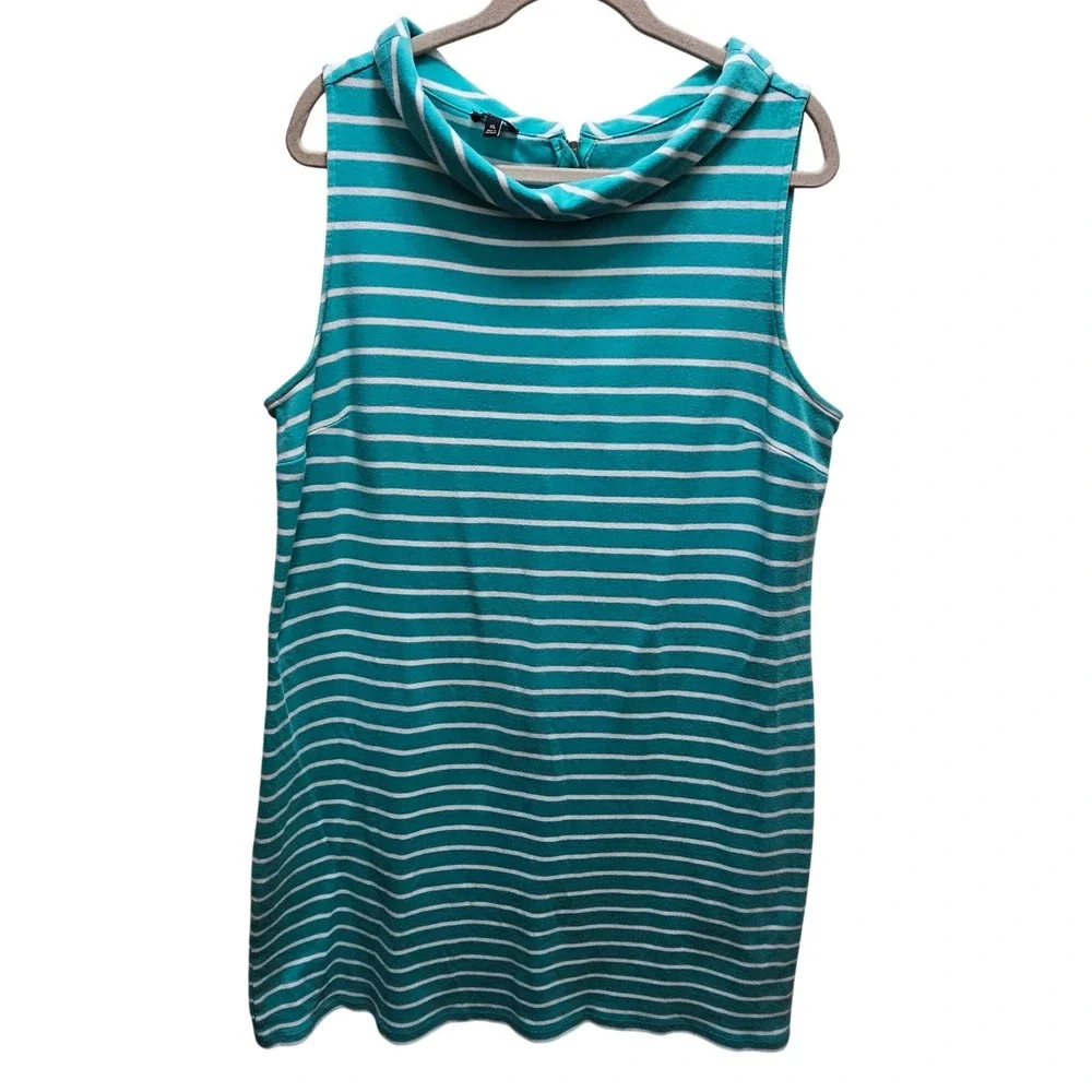 Talbots Women's Striped Sleeveless Dress XL Teal Cowl Neck Cotton Casual Summer